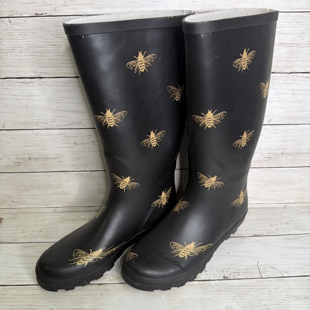 Serra Black Bee Pattern High Pull On Rain Boots Women's Size 8